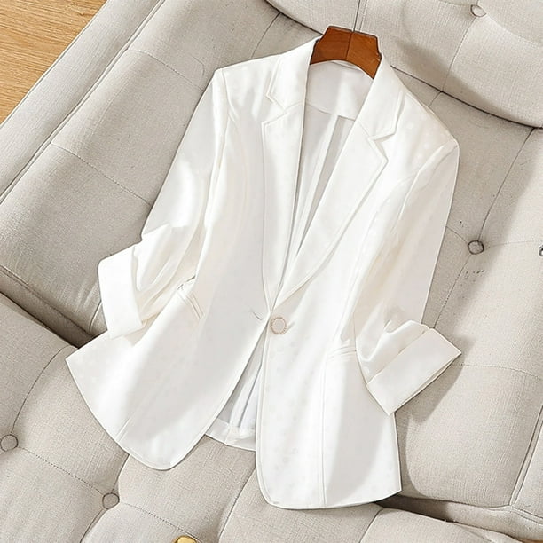 Blazer para mujer, color liso, solapa con botones, elegante chaqueta de traje, parte superior de poliéster para mujer