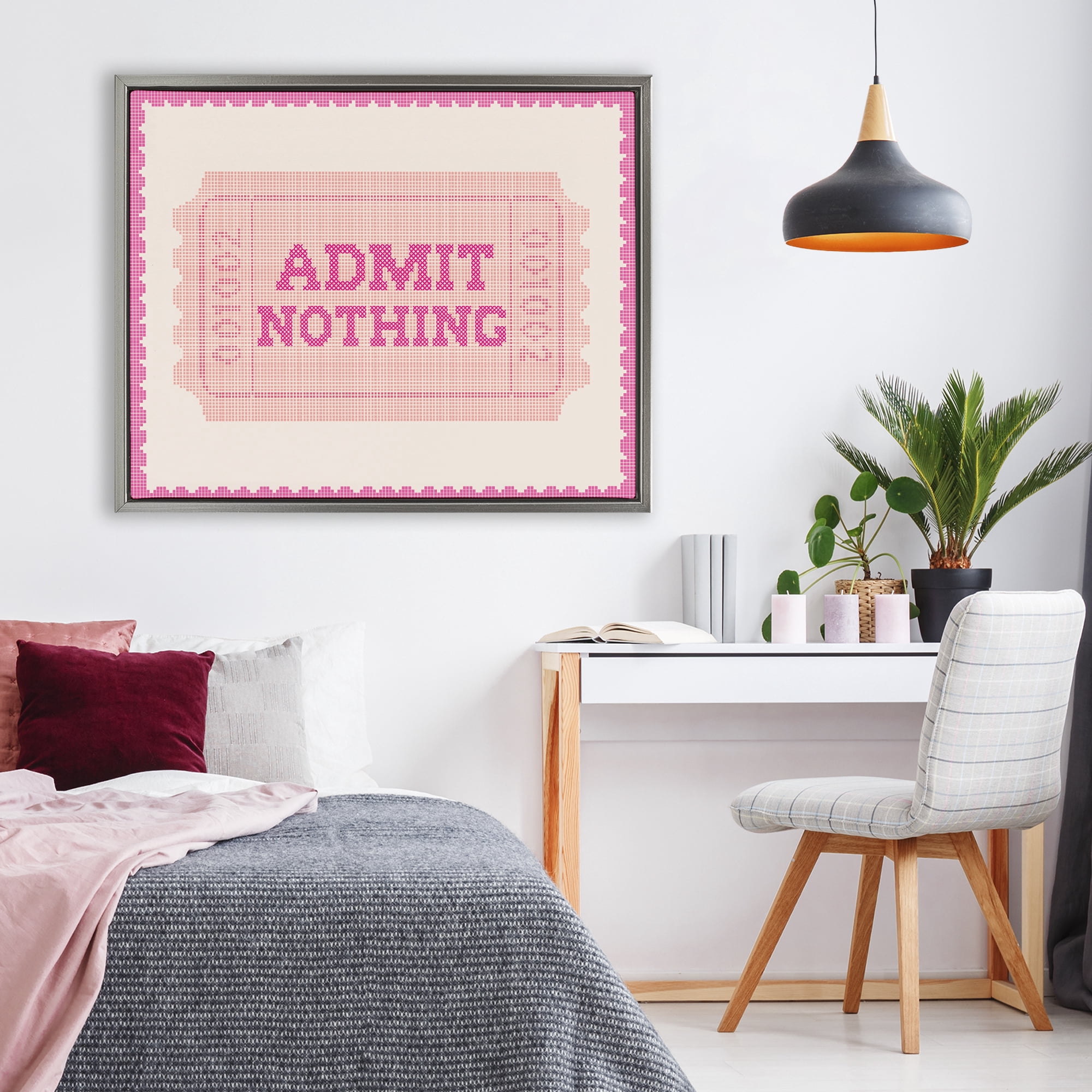 Stupell Industries Admit Nothing Retro Pink Ticket Gray Framed Floater Canvas Wall Art, design by Lil' Rue