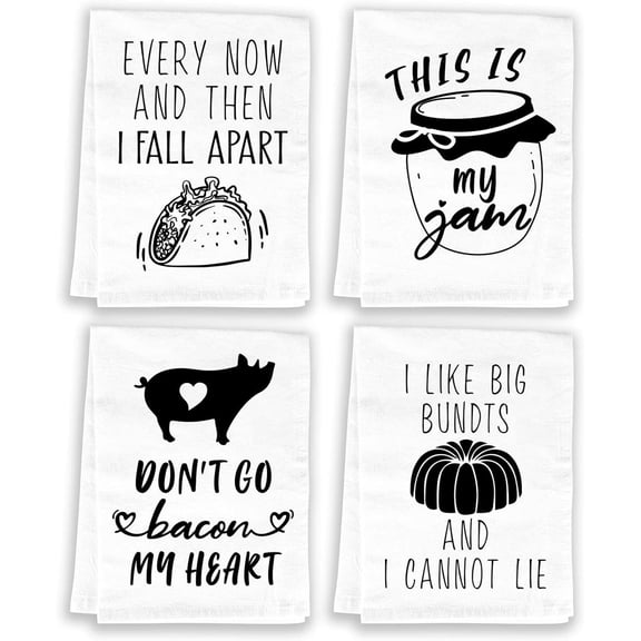 Funny Punny Kitchen Towel Set of 4, 16 x 24 inches, Soft and Absorbent, Christmas and Housewarming Gift for Women