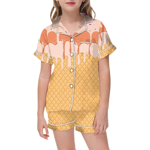 Hiiyo Girls Pajamas Ice-Cream Print Short Sleeve Button Shirt Shorts Sleepwear Set