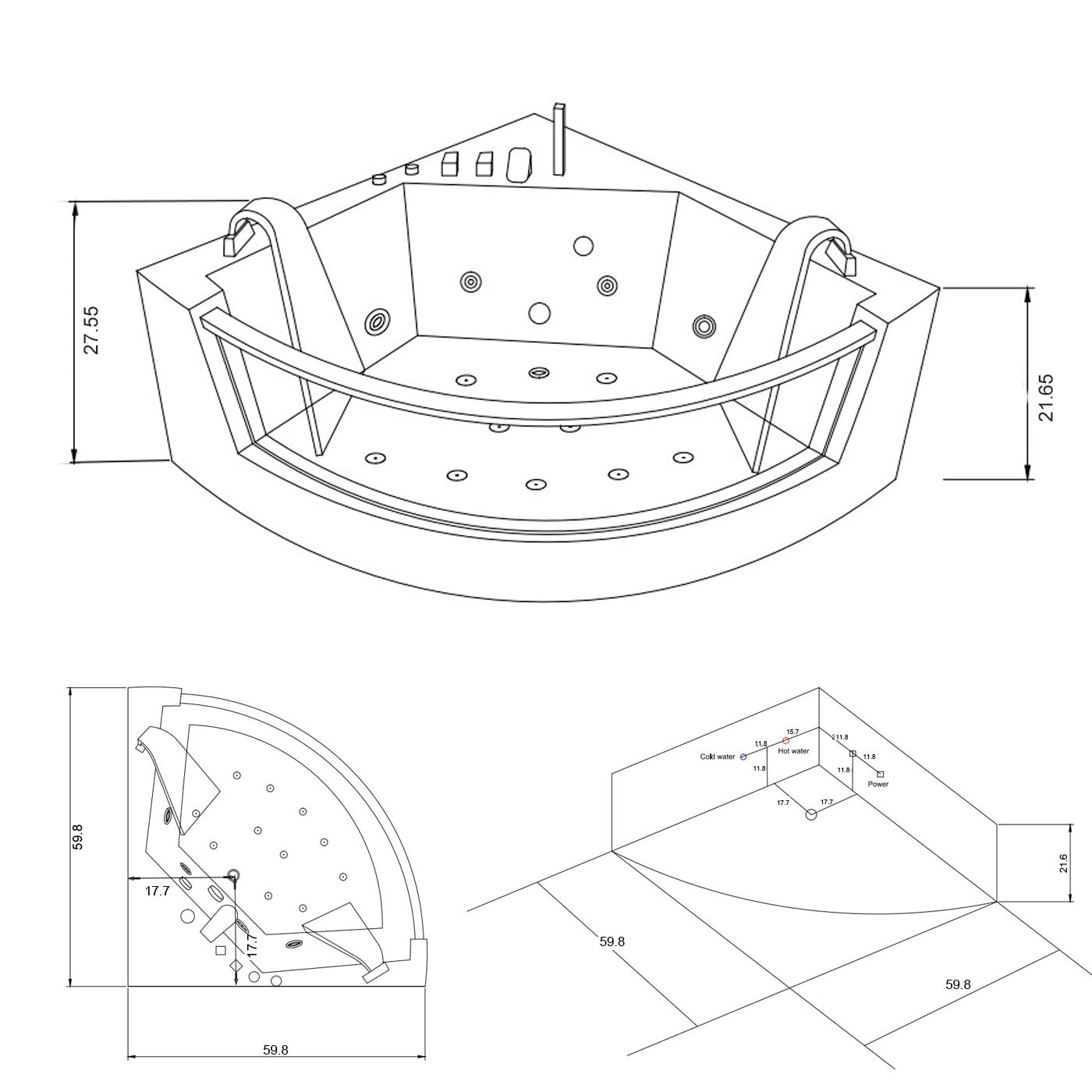 Whirlpool Bathtub 59.8″ X 59.8″ hot tub double pump – Capri