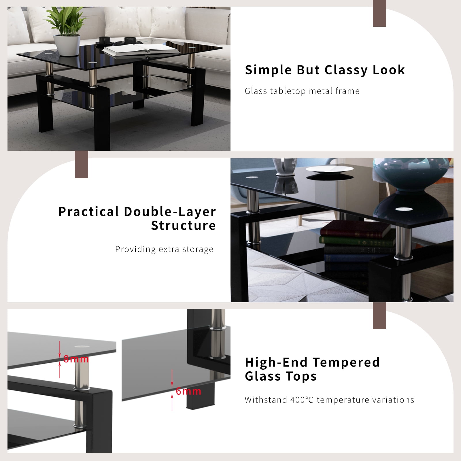 Black Glass End Tables, Small Glass Top End Table, Black Side Table, Square Shape, Tempered Glass Top, Metal Frame, for Living Room Bedroom (All Black, 1Pcs End Table)