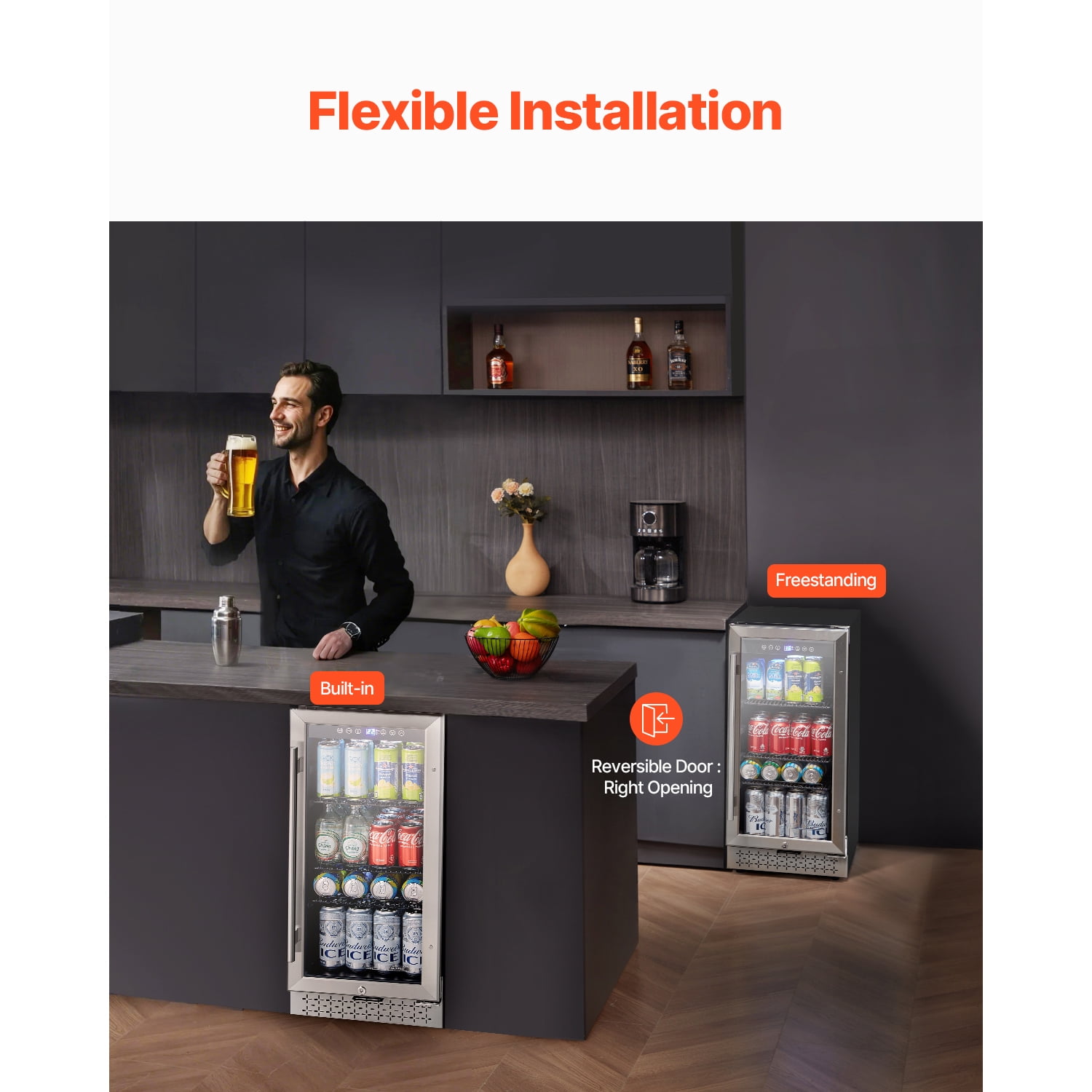 KFFKFF Drink Cooling Appliance, 88-Can Capacity, Compact Refrigerator with Transparent Door, Customizable Racks, Digital Temp Regulation, Suitable for Integrated or Standalone Use in Home, Office