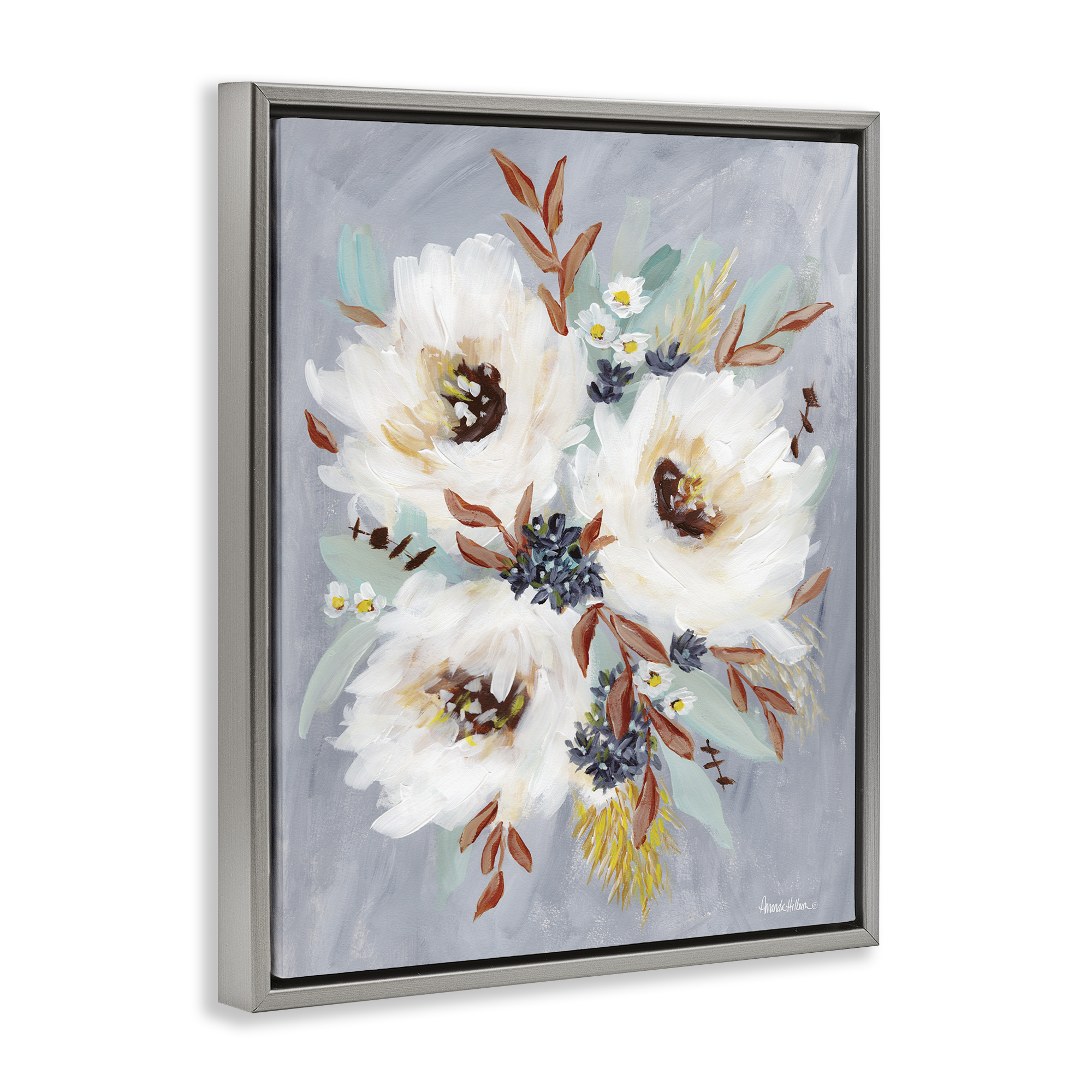 Stupell Industries White Flowers Trio Botanical & Floral Painting Gray Floater Framed Art Print Wall Art, 25 x 31