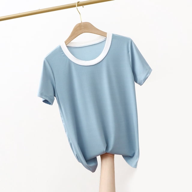 Fiudx Ofertas Relámpago Camiseta Holgada de Manga Corta de Color Sólido con Cuello Redondo para Mujer Top/Camisa de Cuello Redondo de Manga Corta