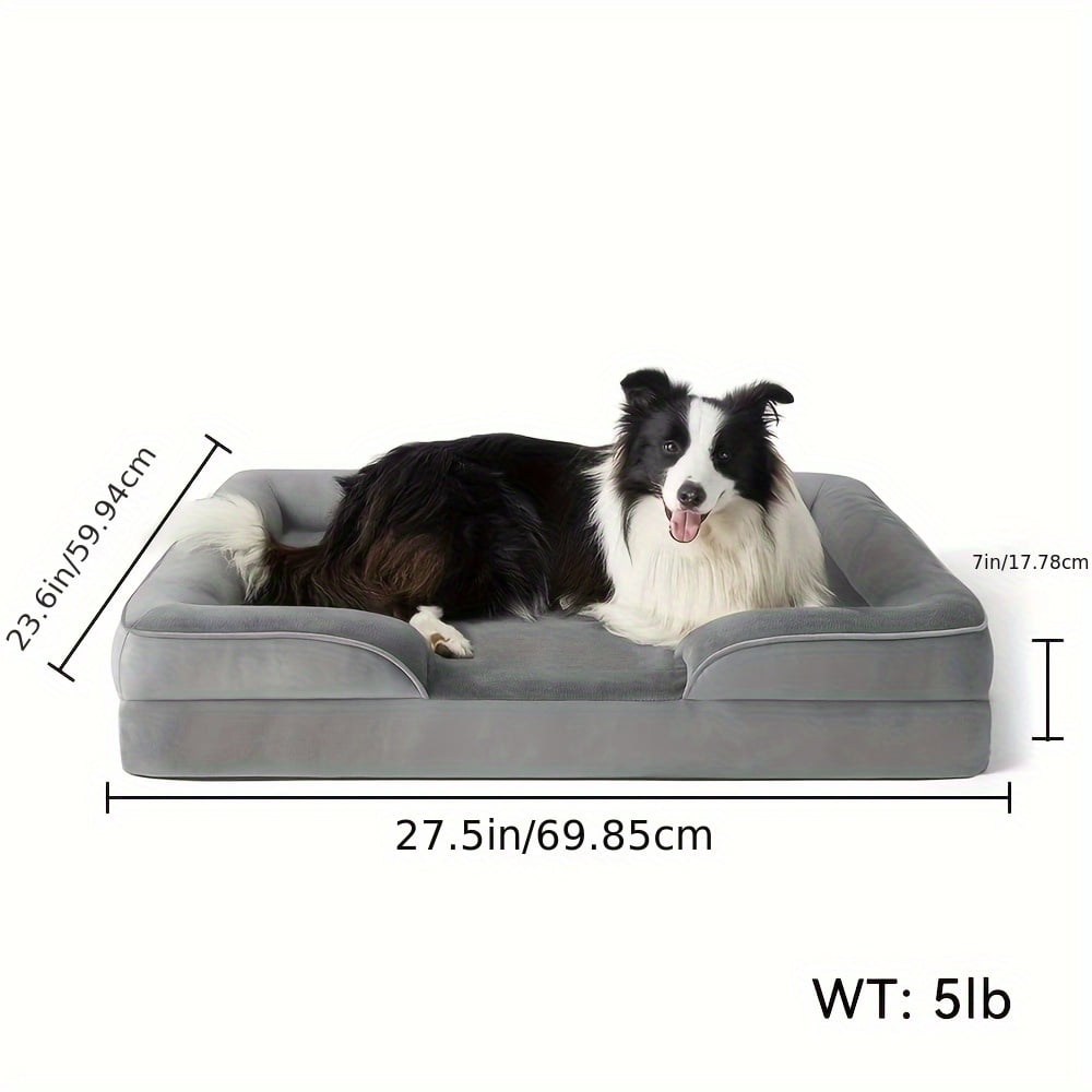 Gray Luxury Sofa-Style Pet Orthopedic Bed for Large and Medium Dogs – Removable Machine-Washable Plush Cover, 4-Sided Bolster, Non-Slip Bottom, Size 27.5"x23.6"x7"