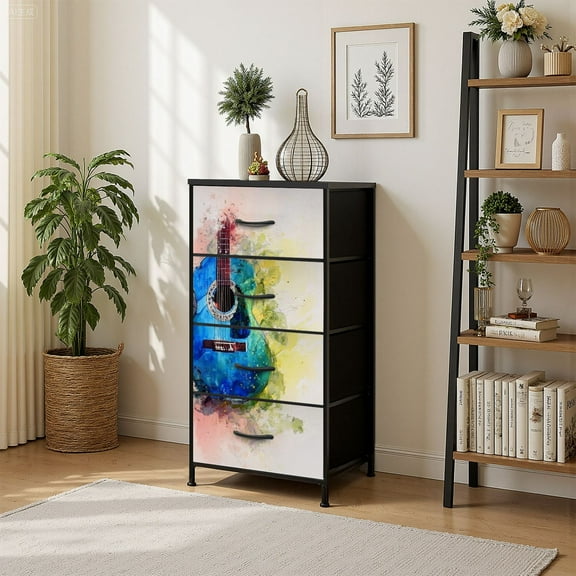 4 Drawer Vertical Storage Dresser Abstract colorful shape acoustic Guitar Watercolor painting with Wood Top Fabric Pull Drawers