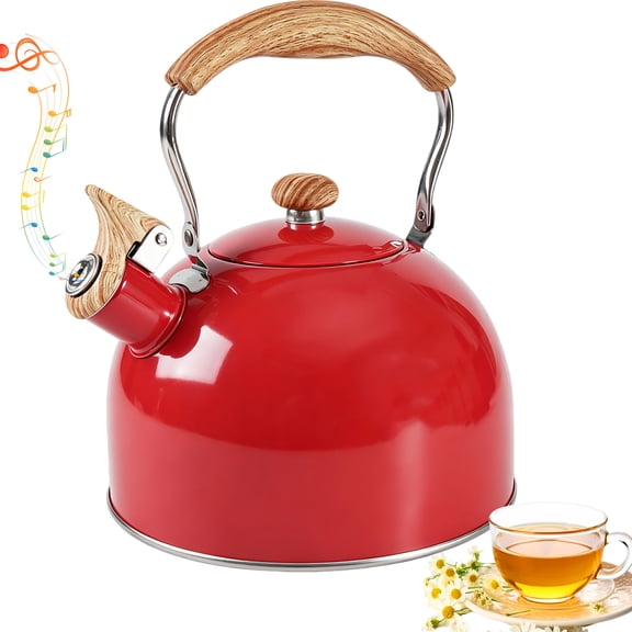 Teupoa 2.5L Whistling Stovetop Tea Kettle, Red Stainless Steel Teapot, Anti-Heat Handle