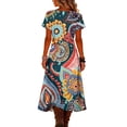 thumbnail image 5 of Women's Retro Floral Print V Neck Short Sleeve Midi Dress Loose Fit Flowy Beach Dress Comfy Summer Dress for Vacation and Casual Wear, Size S-2XL, 5 of 5