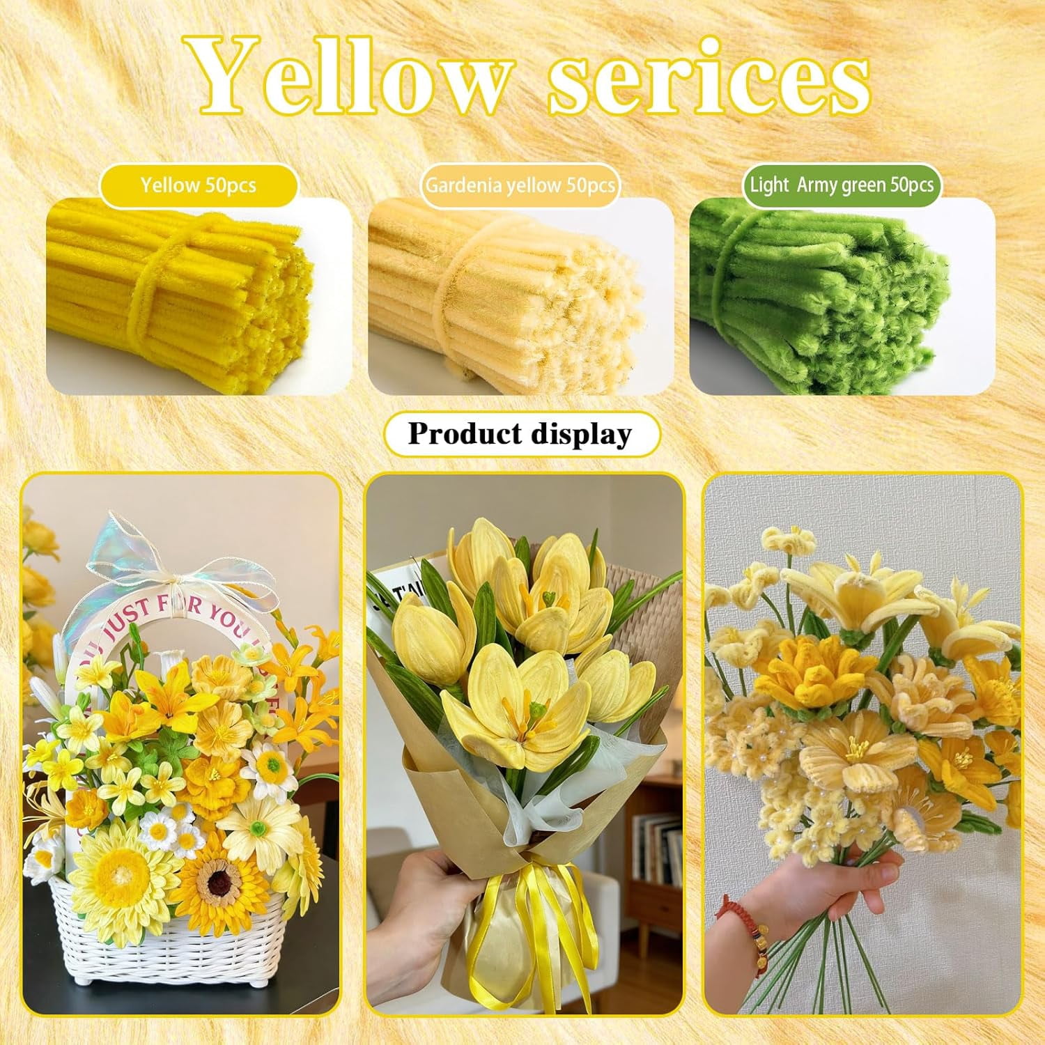 150 PCS Pipe Cleaners for Craft Flowers,3 Colors Chenille Stems Bouquet Kit with Floral Wire,Tape,Ribbon,Wrapping,Bouquet Brochure for DIY Bouquets & Gifts and Arts (Yellow)
