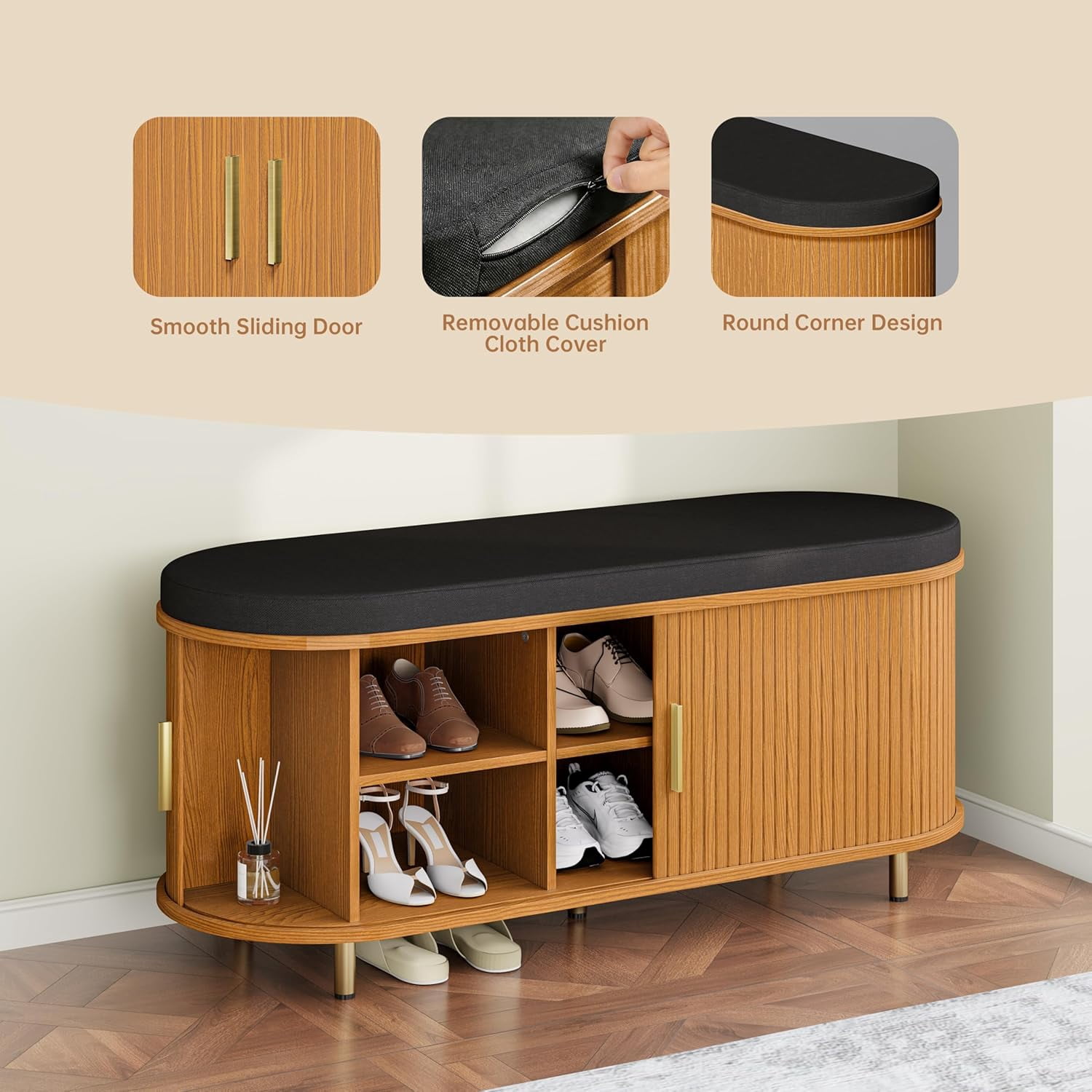 43.3" Wide Storage Shoe Bench Mid-Century Modern, 2-Tier with Thick Padded Cushion, Fluted Sliding Door & Adjustable Shelf, for Entryway, Living Room, Bedroom, Yellow Walnut