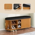 thumbnail image 7 of 2-Tier Storage Bench,Wide Shoe Bench with Thickened Padded Seat Cushion, Mid Century Modern Fluted Sliding Door and Adjustable Shelf, for Entryway, Living Room, Bedroom (Yellow Walnut, 43.3“), 7 of 7