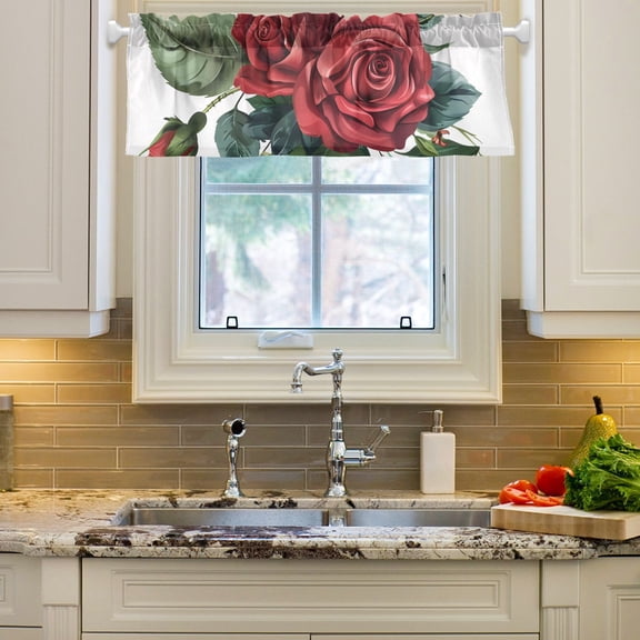 Red Roses Green Leaves Flowers Curtain Valances Farmhouse Design Window Treatment Decor Blackout Rod Pocket for Windows Living Room Kitchen 54" x 18"