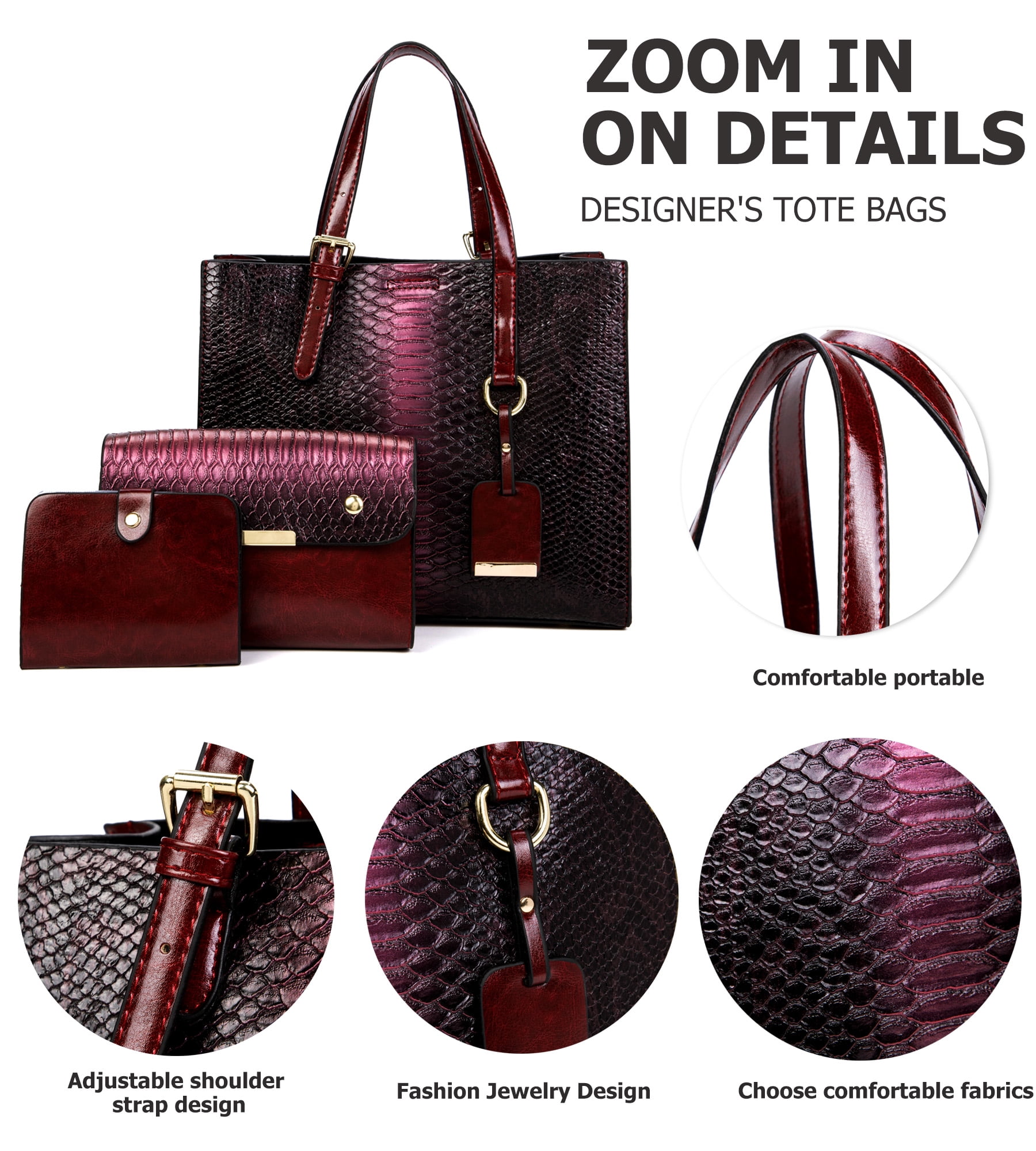 Women's Crocodile Pattern Tote Bags Stylish Handbags Satchels Purses and Wallets For Women 3 Pcs Set