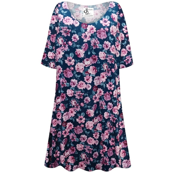 Medium Petite Women Short Sleeve Teal Garden Print Tunic Tops Casual Loose Fitting Flowy Shirts Blouses