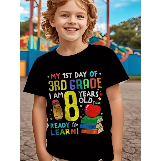 Boys & Girls 3rd Grade First Day of School T-Shirt - "I Am & Ready to Learn!" with Apple, Books, and Pencils Design - Black Casual Summer Tee for Youngsters, Youngsters'S School App