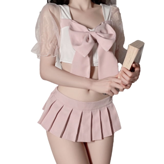 Conjunto de lencería para colegiala para mujer, falda plisada con manga de burbuja y lazo dulce a la moda, conjunto de lencería para juego de rol, tamaño medio rosa polvoriento