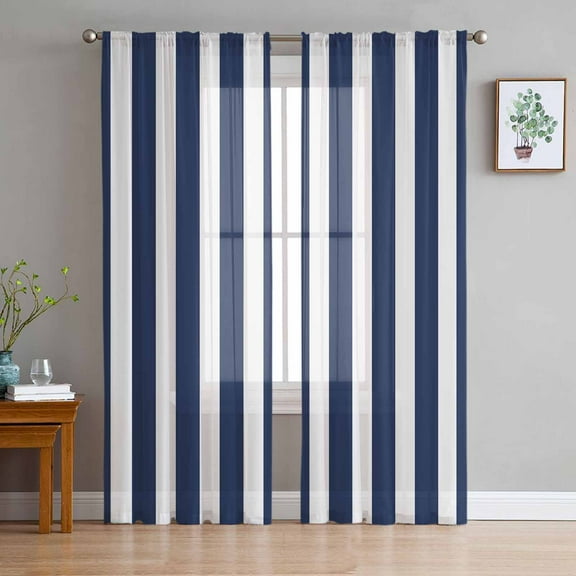 ERUNPONLY Navy Blue Striped Sheer Curtains 63 Inch Length 2 Panels Set, Modern Farmhouse Blue White Stripes Voile Window Treatment Curtains Sheers Drapes for Bedroom/Living Room/Kitchen 52x"63"x2