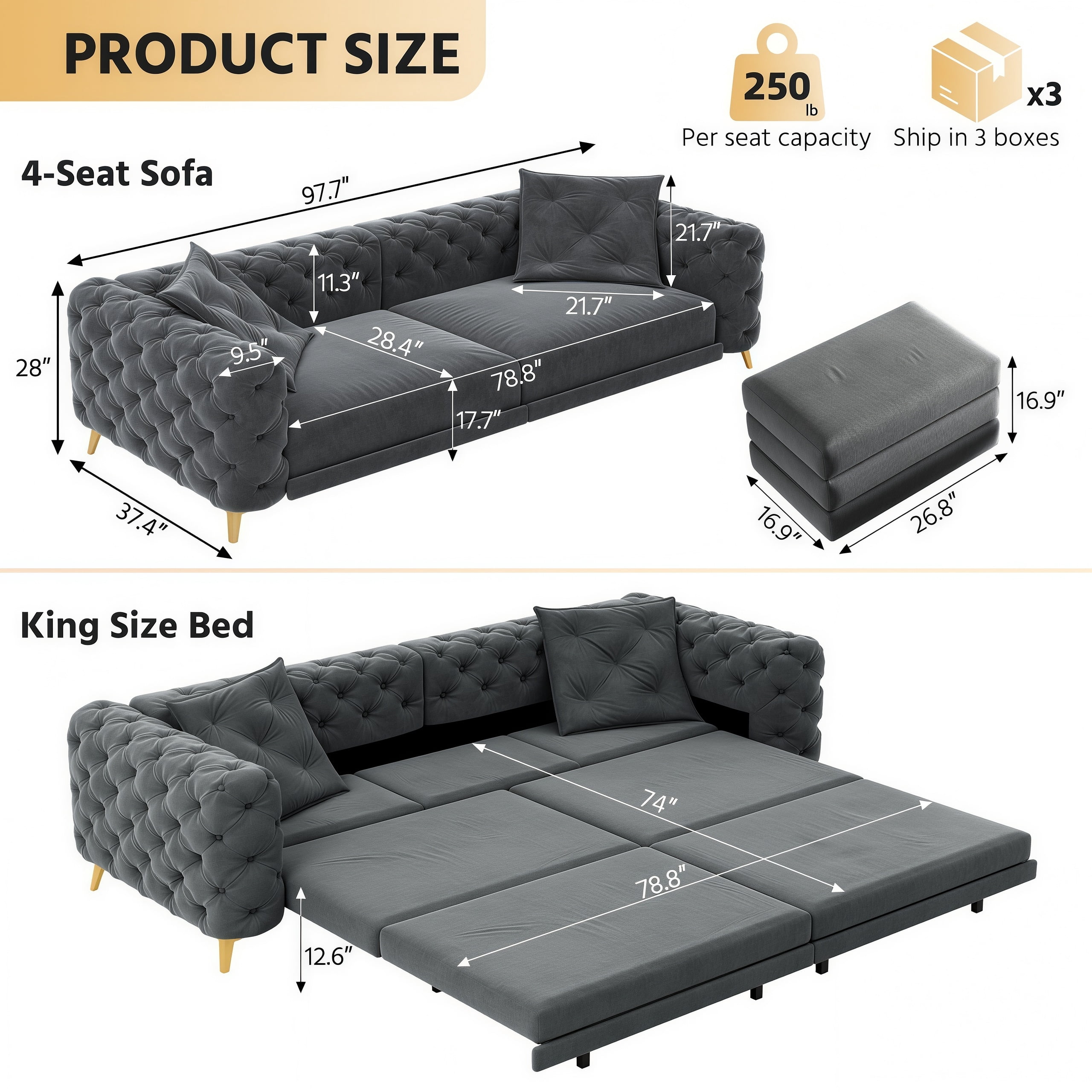 3-in-1 Velvet Sleeper Sofa Bed, 97.7" Modern Button Tufted Convertible Pull Out Couch with Gold Metal Legs & Deep Seat for Living Room, Drak Gray