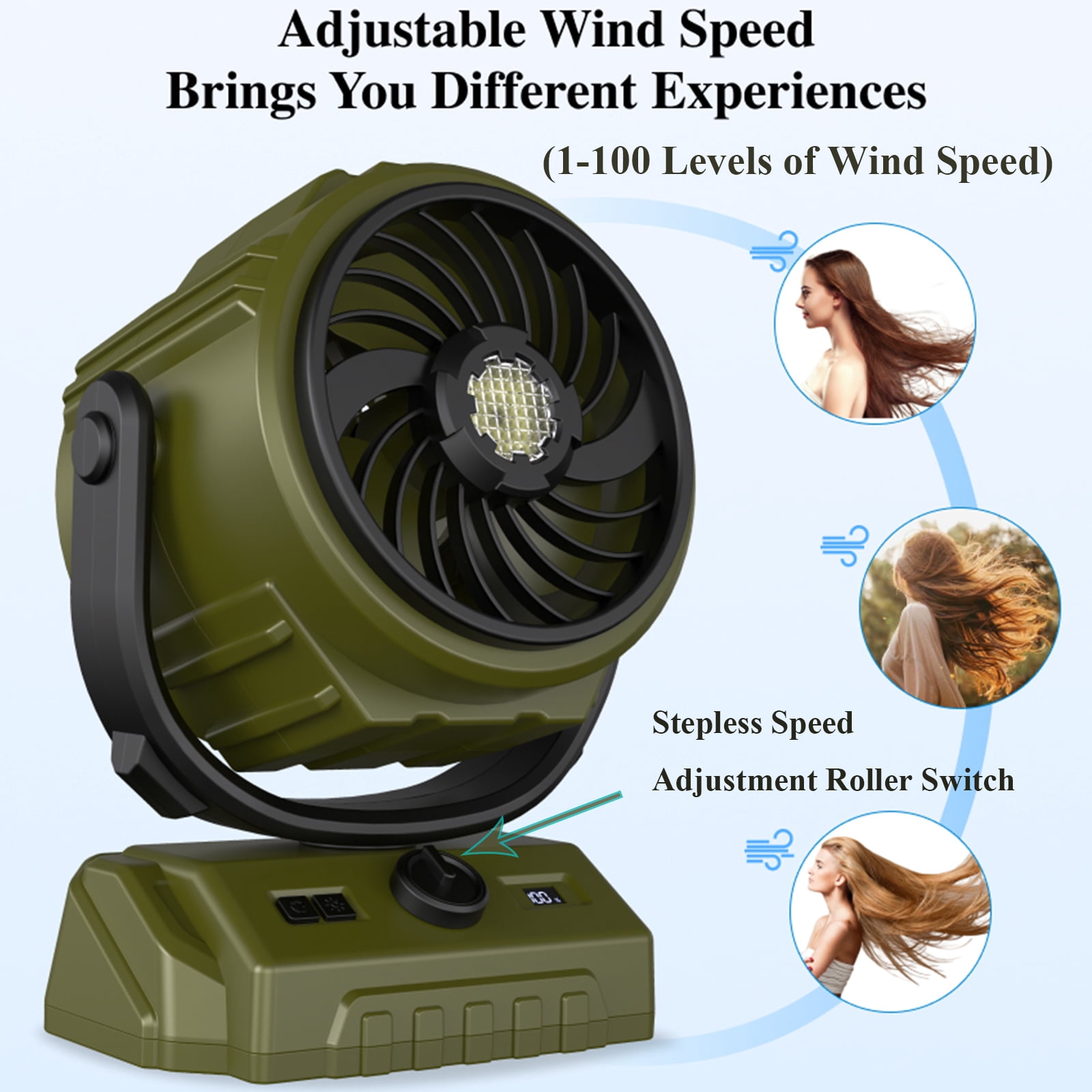3-in-1 Camping Fan, Portable Fan Rechargeable 20000mAh Cordless Battery Powered Fan with LED Lantern, USB C Charging, LCD Display, Shaking Head, Hanging and Desk Fan for Indoors Outdoors