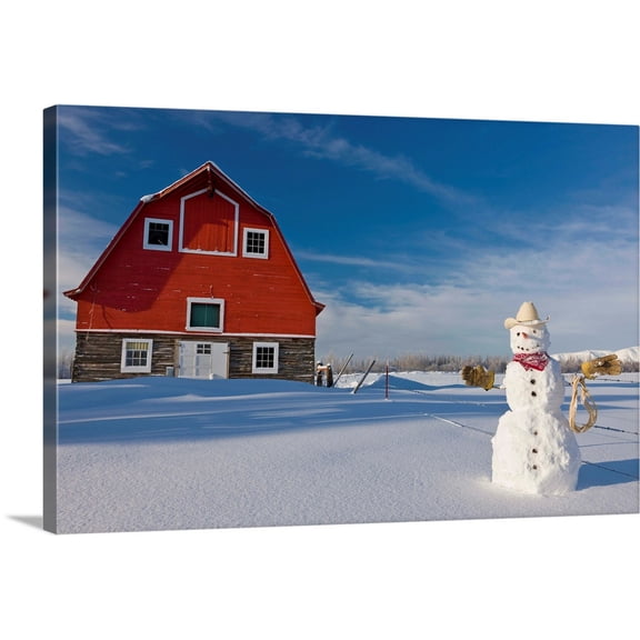 Great BIG Canvas | "Snowman dressed up as a cowboy standing in front of a vintage red barn" Canvas Wall Art - 36x24