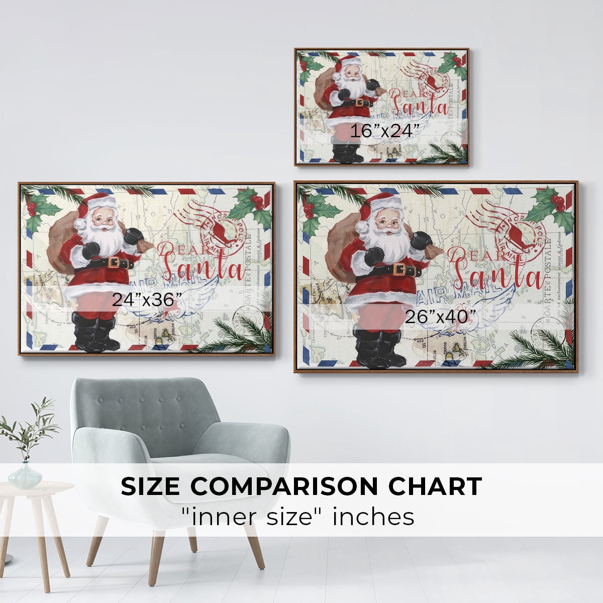 Christmas Par Avion Collection A - Framed Gallery Wrapped Holiday Canvas - 17 x 25 - Rosewood Frame