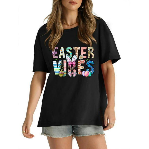 Camiseta gráfica de conejito "Easter Vibes" para mujer: negra, camiseta informal de cuello redondo con diseño colorido de huevo de Pascua y conejo, suave 100 % algodón, perfecta para celebraciones de