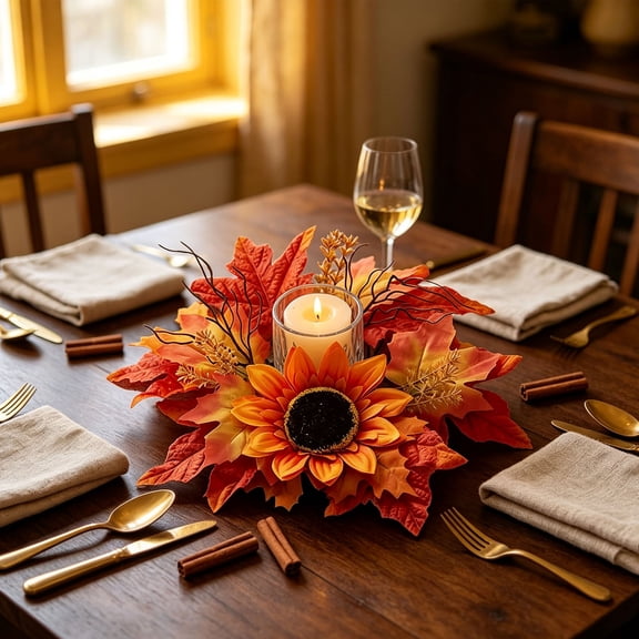 Fall Candle Rings Small Fall Wreath Artificial Flower Rings Thanksgiving Fall Centerpieces for Tables Autumn Maple Leaf with Sunflower Harvest Festival Home Decor