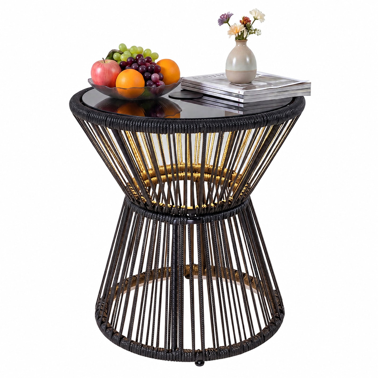 Biotree Outdoor Side Table with LED Warm Light, PE Rattan End Table with Tempered Glass Top and Battery Lamp for Patio Porch Balcony, Black