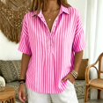 thumbnail image 4 of Womens Cotton Linen Gauze Tops Summer Button Down V Neck Half Sleeve Shirts Dressy Casual Clothes Striped Blouses Loose Boho Blouses Collared Fitted Tops Summer Business Outfits Linen Tunic Tops, 4 of 8
