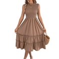 thumbnail image 2 of Women's Sleeveless Smocked Ruffle Neck Tiered Casual Flowy Midi Dress Khaki S, 2 of 10