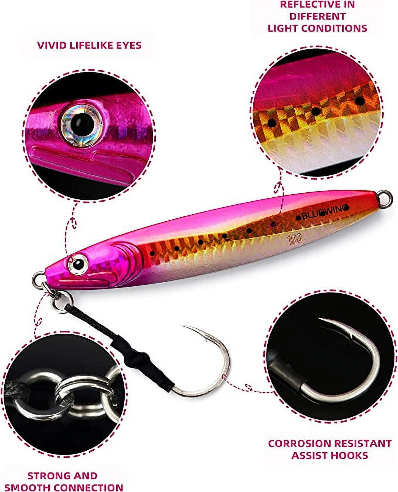 BLUEWING Fishing Lures Slow Pitch Jig Flat Fall Jigging Pitching Lures  Vertical Jigs, Baits with Assist Hook Fishing Artificial Bait, Pink/Gold,100g  