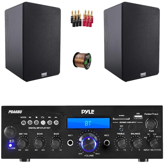 Pyle PDA6BU 200-Watt Bluetooth USB/AUX Home Audio Amplifier Stereo Receiver, 2x 6.5'' 240 Watt Max Power Home Theater Wooden Bookshelf Black Speakers, 50 Feet 16 Gauge Speaker Wire