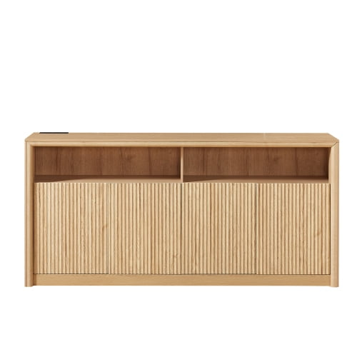 67" Wooden Sideboard Buffet Cabinet with LED Lights and Outlets, 4-Compartment Storage, Natural