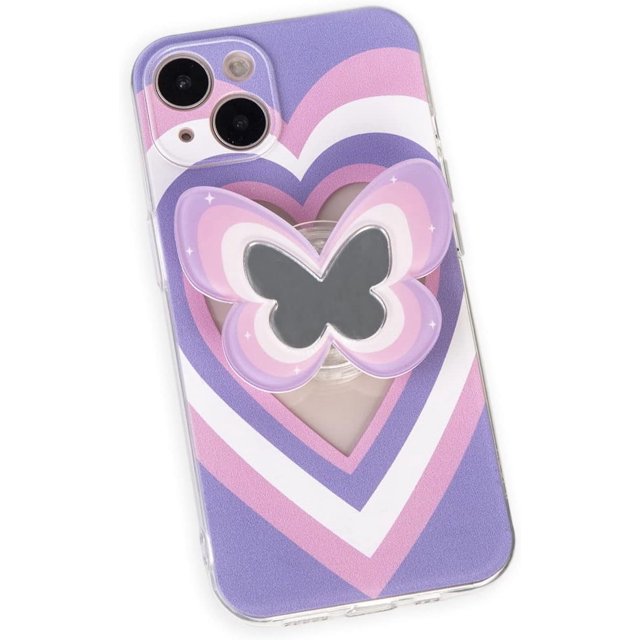 Funda de mariposa morada compatible con iPhone 13, con bonito estampado de corazón, con soporte de mariposa morada 3D para mujeres y niñas