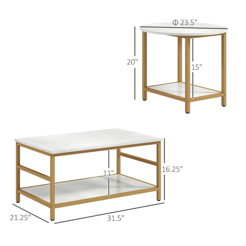 HOQBN Coffee Table Set of 2, Rectangle and Round Coffee Tables with Storage Shelves, Faux Marble Top, Living Room Table Set