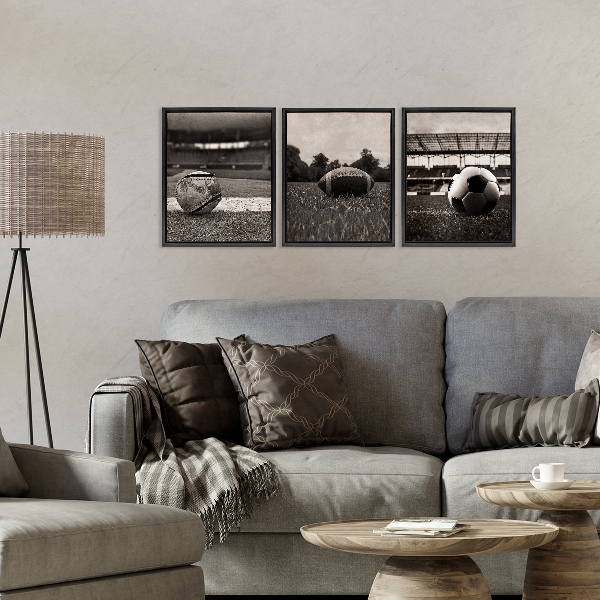 Stupell Industries Vintage Sports on Field 3 Piece Black Framed Floater Canvas Set, design by Marcus Prime