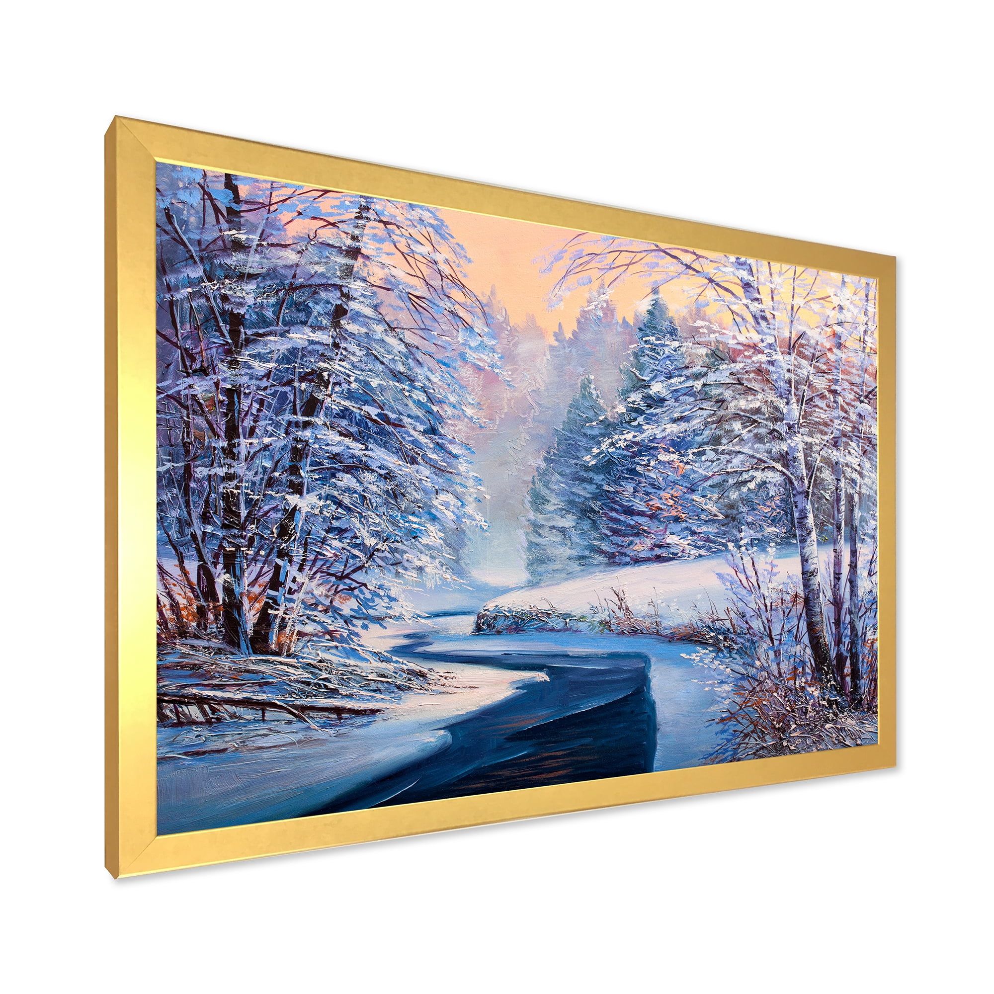 Designart 'Pastel Winter Forest With River' Lake House Framed Art Print
