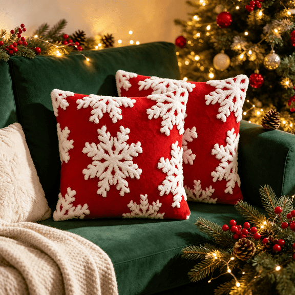 Christmas Throw Pillow Covers, 18"x18" Soft Plush Cushion Covers, Set of 2 Xmas Star Pillowcases Holiday Festivals Home Decor, Red ( No Pillow)