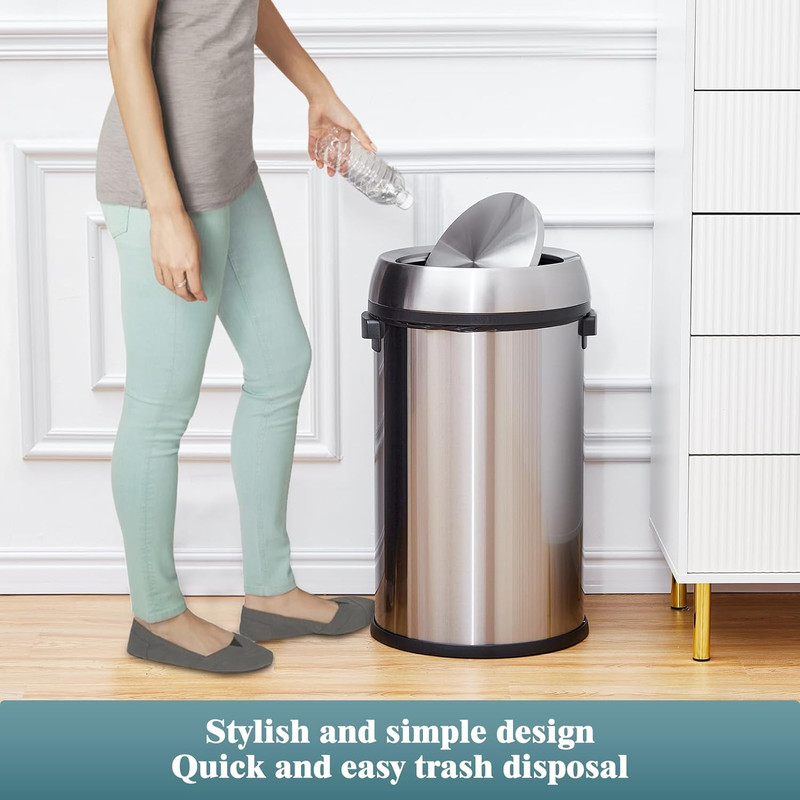 65L/17Gal Trash Can with Swing Top, Commercial Grade Heavy Duty Brushed