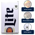 thumbnail image 6 of Miller Lite Compact Fridge w/ Bottle Opener, 3.2 cu ft (90L), White, Space-Saving Flat Back Design, Reversible Door, Tempered Glass Shelves, Licensed Miller Lite Artwork, Perfect for Beer-Lovers, 6 of 9