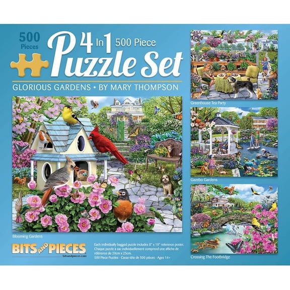 Bits and Pieces 4-In-1 Bundle Glorious Gardens 500 Piece Jigsaw Puzzles by Mary Thompson 16 " x 20"