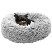 FurHaven Pet Dog Bed | Calming Cuddler Long Fur Donut Pet Bed for Dogs & Cats, Mist Gray, Small
