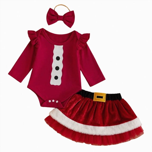CAICJ98 Baby Girl Christmas Outfits Newborn Long Sleeve Ruffle Button Print Romper Skirt Headband Set My Frist Christmas Baby Girls Clothes,Size 3-6 Months