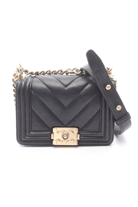 Pre-Owned Chanel Boy Mini Chevron V-stitch Shoulder Bag/Handbag, Caviar Leather (Grained...