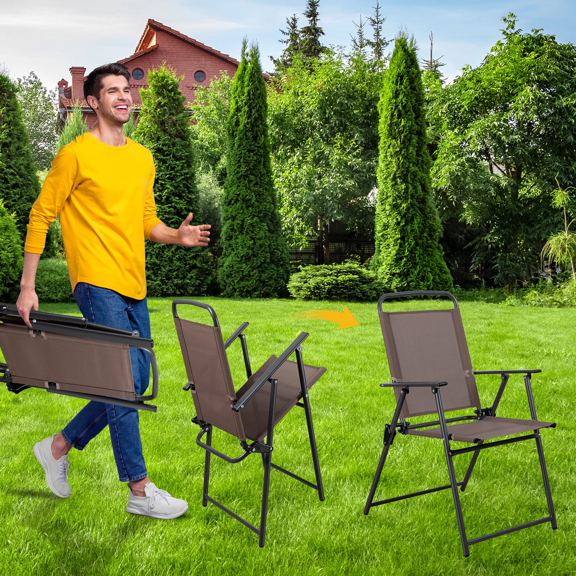 Sobaniilo 6 Piece Folding Outdoor Dining Set with Umbrella, Metal Patio Garden Patio Furniture Table and Chair Set, Brown