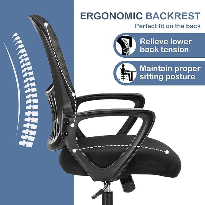 Ergonomic High-Back Mesh Office Chair - Breathable Waist and Back Support Computer Chair with Fixed Armrests, Height Adjustment, and 360° Swivel Base(Black)