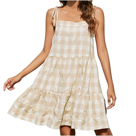 VSSSJ Women s Spaghetti Straps Plaid Printed Cute Mini Babydoll Dresses Lace-Up Square Neck Loose Casual Tiered Ruffle Hem Dress Beige S