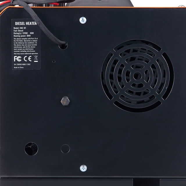 vevor calentador de aire diesel todo en uno 12v 5kw lcd control remoto para coche rv en interiores — panel lateral negro frontal con rejilla circular de ventilador, etiqueta técnica 'DIESEL HEATER', tornillos y cableado visibles; carcasa metálica rectangular que muestra el calefactor diésel portátil para vehículos y espacios interiores.