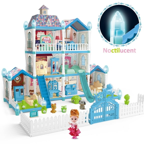 HopeRock Princess Dollhouse Kit for Girl Ages 3 4 5 6 Years, 8 Room Building Toys, Christmas Birthday Toys Gifts for Little Girls Ages 3-6 Years.(Blue)